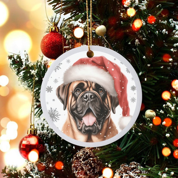 Santa Hat Dog Portrait Tree Ornament, Bullmastiff Christmas Ornament, Ceramic Puppy Breed Holiday Ornament, Festive Pet Lover
