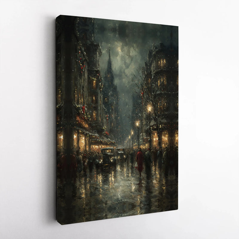 Moody Dark Academia Canvas Art, Vintage Christmas City Canvas Print, Snowy Winter Street Canvas, Holiday Wall Decor, Winter Season Wall Art