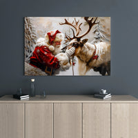 Whimsical Winter Forest Canvas Print, Santa Claus with Reindeer Canvas Wall Art, Festive Christmas Canvas Decor, Holiday Wall Art Canvas