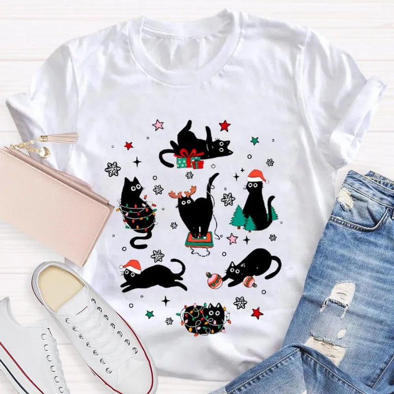 Holiday Cat Snowflakes T-Shirt, Black Cats Christmas Shirt, Adorable Xmas Lights Graphic Tee, Festive Kitty Lover Shirt, Winter Holiday Present