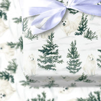 Watercolor Winter Pine Tree Gift Wrap, Samoyed Dog Wrapping Paper, Holiday Samoyed Wrapping Paper, Christmas Dog Lover Gift Wrapping Paper