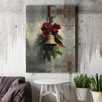 Red Bow Pine Branch Canvas Print, Vintage Christmas Bell Canvas Art, Holiday Wall Decor, Winter Painting Wall Art Canvas