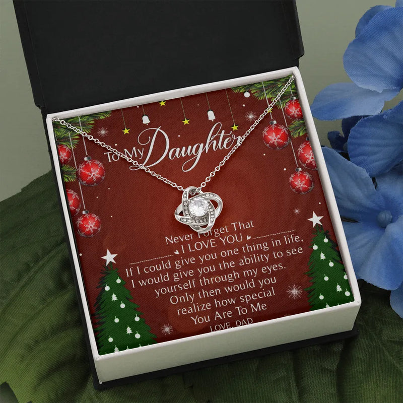Christmas Message Card Necklace, Daughter Love Knot Necklace from Dad, 14k White Gold Finish Pendant Necklace, Holiday Present for Daughter