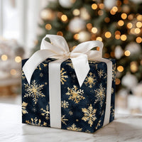 Navy Blue Winter Holiday Gift Wrap, Gold Snowflake Wrapping Paper, Luxury Snowflake Wrapping Paper, Elegant Christmas Present Paper Roll
