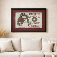 Poinsettia Flower Market Canvas Print, Vintage Snowman Canvas Wall Art, Retro Christmas Wall Decor, Holiday Winter Canvas Art