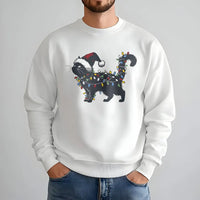 Santa Hat Cat with String Lights Crewneck, Black Cat Christmas Sweatshirt, Retro Holiday Cat Pullover, Humorous Cat Lover Xmas Sweater