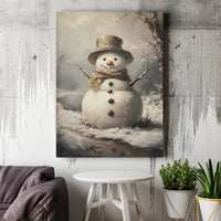 Winter Snow Scene Oil Painting Print, Vintage Snowman Canvas Wall Art, Rustic Farmhouse Christmas Poster, Digital Download Holiday Art