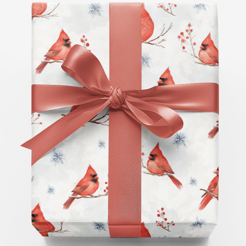 Red Bird Christmas Gift Wrap Roll, Winter Cardinals Wrapping Paper, Festive Snowflake Xmas Wrapping Paper, Holiday Nature Lover Present Wrap