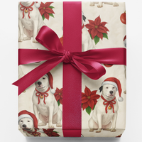Santa Hat Poinsettia Dog Gift Wrap, White Pittie Christmas Wrapping Paper, Pitbull Holiday Wrapping Paper Roll