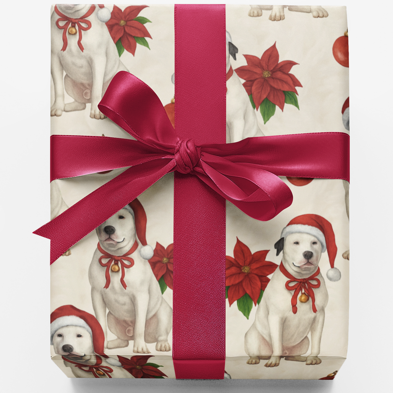 Santa Hat Poinsettia Dog Gift Wrap, White Pittie Christmas Wrapping Paper, Pitbull Holiday Wrapping Paper Roll