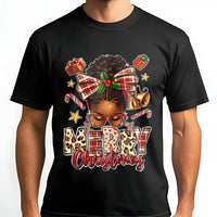 Afrocentric Holiday Woman T-Shirt, African American Merry Christmas T-Shirt, Melanin Queen Xmas Graphic Tee, Festive Black Holiday Shirt