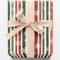Watercolor Snowflake Gift Wrap, Frosted Holiday Stripes Wrapping Paper, Red Green Winter Present Paper, Cheerful Christmas Pattern Wrap