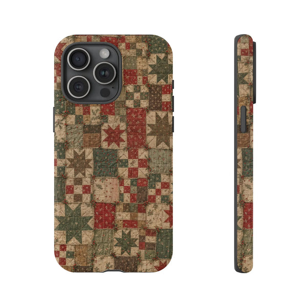Rustic Patchwork Star Phone Cover, Vintage Quilt Pattern Phone Case for iPhone, Farmhouse Quilt Protective Case, Christmas Qu