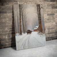 Horse Drawn Carriage Snowy Cabin Scene, Winter Forest Canvas Art, Rustic Christmas Landscape Wall Decor, Holiday Present