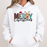 Leopard Plaid Santa Hat Reindeer Hoodie, Merry Christmas Hoodie, Festive Holiday Hooded Sweatshirt, Winter Christmas Reindeer Pullover Present