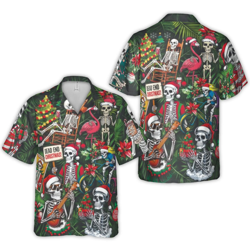 Skeleton Flamingo Holiday Shirt, Dead End Christmas Hawaiian Shirt, Tropical Xmas Graphic Shirt, Beach Party Button Up, Festive Present for Men