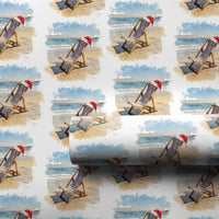 Beach Chair Santa Hat Gift Wrap, Tropical Christmas Wrapping Paper, Coastal Holiday Wrapping Paper, Ocean Seaside Festive Present Wrap