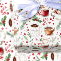 Watercolor Mug Candy Cane Gift Wrap, Hot Cocoa Christmas Wrapping Paper, Comfy Winter Holiday Wrapping Paper, Festive Gift Wrap Roll