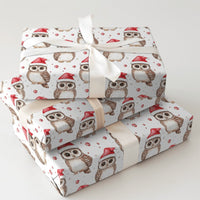 Santa Hat Animal Gift Wrap, Christmas Owl Wrapping Paper, Adorable Watercolor Bird Present Paper, Whimsical Holiday Gift Wrapping Paper