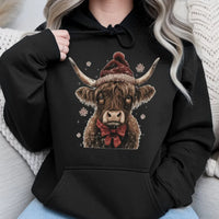 Western Santa Hat Cow Sweatshirt, Christmas Highland Cow Hoodie, Adorable Holiday Cow Hooded Pullover, Festive Winter Cow Graphic Hoodie