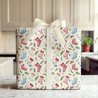 Watercolor Holly Holiday Gift Wrap, Christmas Stocking Wrapping Paper, Winter Botanical Wrapping Paper Roll, Festive Pine Xmas Present Wrap