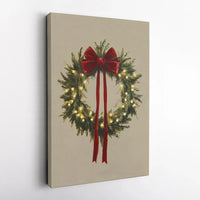 Illuminated Holiday Canvas Wall Art, Christmas Wreath Canvas Print, Red Bow Winter Canvas Decor, Festive Xmas Painting