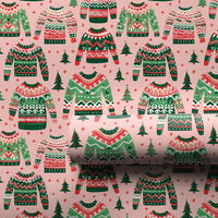 Retro Holiday Knit Gift Wrap, Ugly Christmas Sweater Wrapping Paper, Pink Xmas Tree Present Wrap, Festive Secret Santa Wrapping Paper Roll