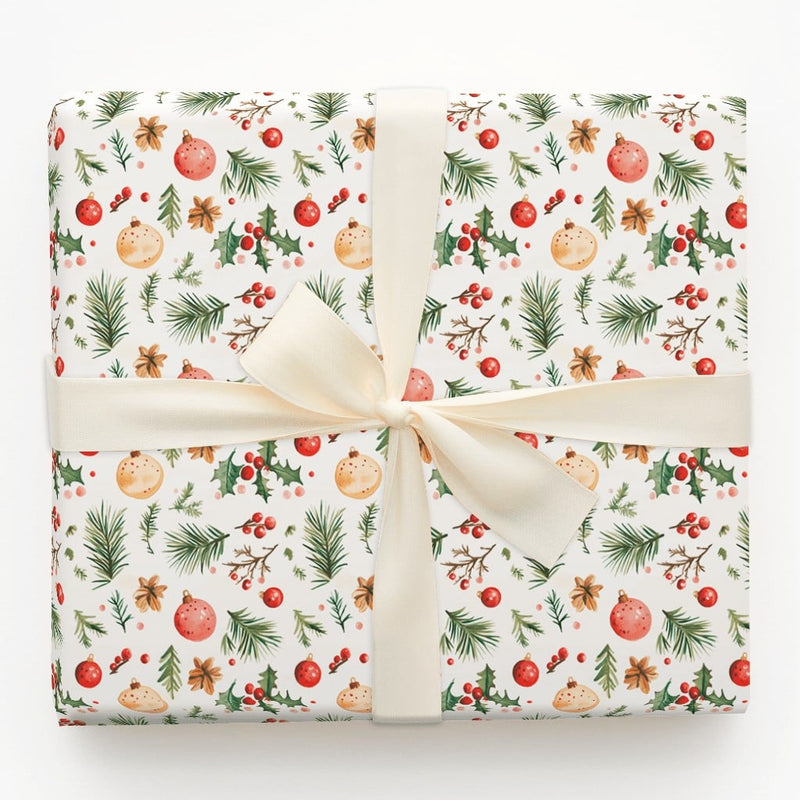 Holly Pine Holiday Gift Wrap, Watercolor Ornaments Christmas Wrapping Paper, Festive Xmas Wrapping Paper, Seasonal Present Gift Wrap Roll