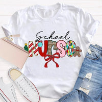 Festive Bow Holiday Nurse Tee, School Nurse Christmas Shirt, Merry Christmas RN T-Shirt, School Healthcare Worker Xmas Present