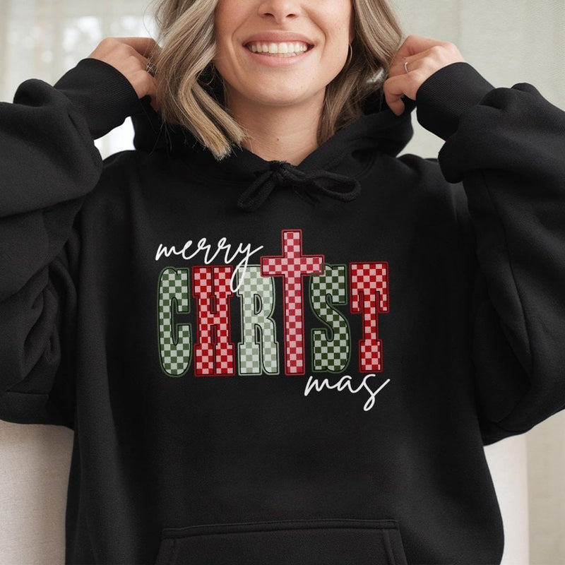 Red Green Checkerboard Faith Sweatshirt, Merry Christ-mas Cross Hoodie, Religious Christmas Tree Pullover, Jesus Holiday Present