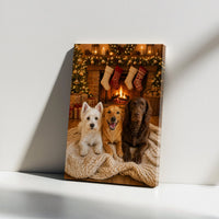 Holiday Puppy Fireplace Wall Art, Christmas Dogs by Fireplace Canvas, Comfy Dog Christmas Canvas Print, Festive Winter Dog Wall Decor