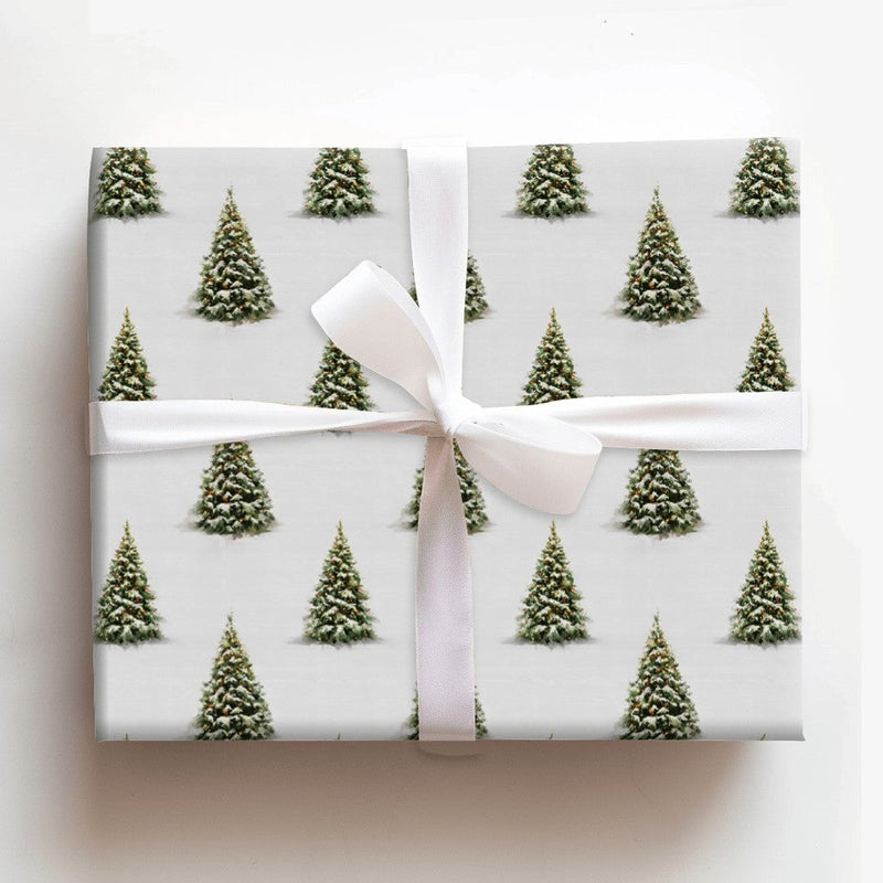 Winter Forest Holiday Gift Wrap, Snowy Christmas Tree Wrapping Paper, Snow Dusted Evergreen Tree Paper, Festive Present Wrap Roll for Presents