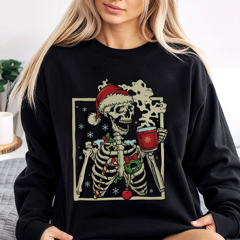 Dead Inside Coffee Holiday Sweater, Christmas Skeleton Sweatshirt, Retro Skeleton Christmas Crewneck, Humorous Xmas Pullover, Coffee Lover Present