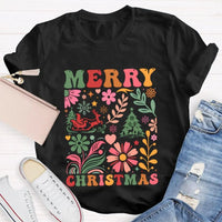 Colorful Flowers Holiday Trees Tee, Christmas Floral Tree Shirt, Botanical Xmas Graphic T-Shirt, Festive Winter Holiday Apparel