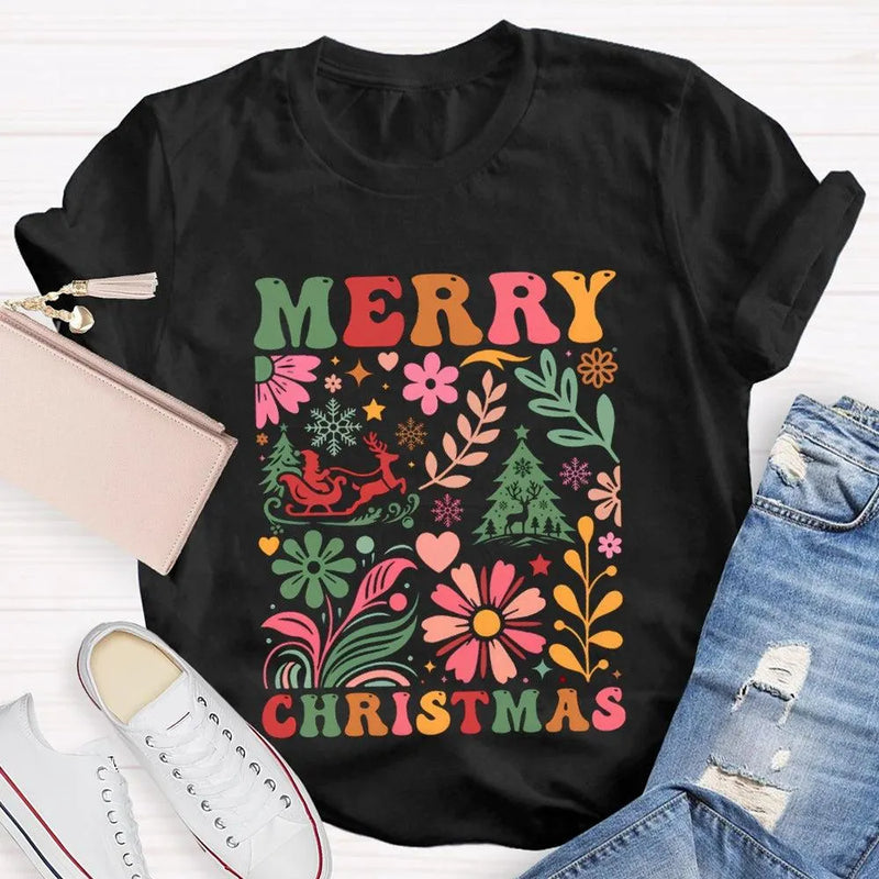 Colorful Flowers Holiday Trees Tee, Christmas Floral Tree Shirt, Botanical Xmas Graphic T-Shirt, Festive Winter Holiday Apparel