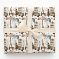 Snowy Eiffel Tower Gift Wrap, Paris Christmas Wrapping Paper, French Cityscape Wrapping Paper, Holiday Travel Present Paper Roll