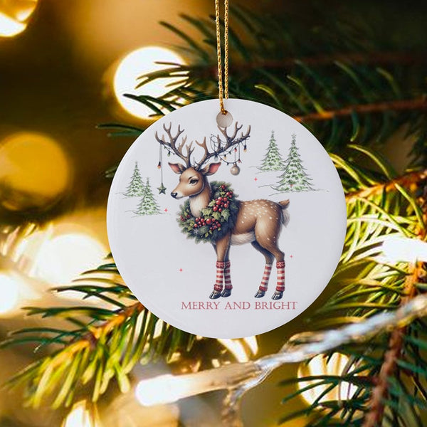 Whimsical Deer Leg Warmers Ornament, Merry and Bright Reindeer Ornament, Ceramic Christmas Tree Ornament, Adorable Holiday Ke