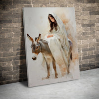 Catholic Nativity Canvas Print, Virgin Mary on Donkey Canvas Wall Art, Watercolor Christmas Holy Family Decor, Digital Download
