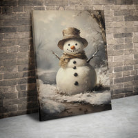 Rustic Winter Forest Painting, Vintage Snowman Wall Art Canvas, Christmas Wall Decor, Holiday Season Canvas Print, Seasonal Home Present