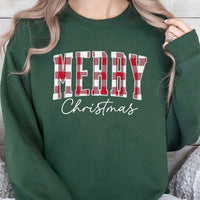Red Plaid Buffalo Check Sweatshirt, Merry Christmas Sweatshirt, Plaid Holiday Sweater, Adorable Christmas Crewneck, Comfy Winter Xmas Pullover