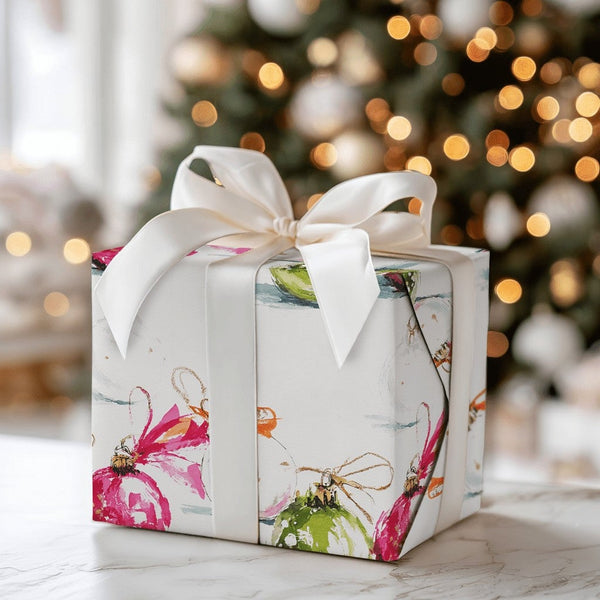 Pink Green Christmas Wrapping Paper, Watercolor Ornament Wrapping Paper, Holiday Bauble Wrapping Paper, Festive Winter Holida
