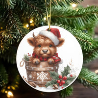 Baby Calf Santa Hat Ornament, Highland Cow Christmas Ornament, Rustic Farmhouse Cow Tree Ornament, Adorable Ceramic Cow Ornament, Holiday Present