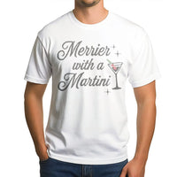 Retro Christmas Cocktail Graphic Tee, Merrier with a Martini Shirt, Humorous Holiday Drinking T-Shirt, Vintage Xmas Party Graphic T-Shirt