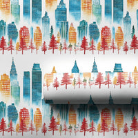 Urban Skyline Gift Wrap Roll, Watercolor Cityscape Christmas Wrapping Paper, Winter Holiday Tree Paper, Festive Season Packaging