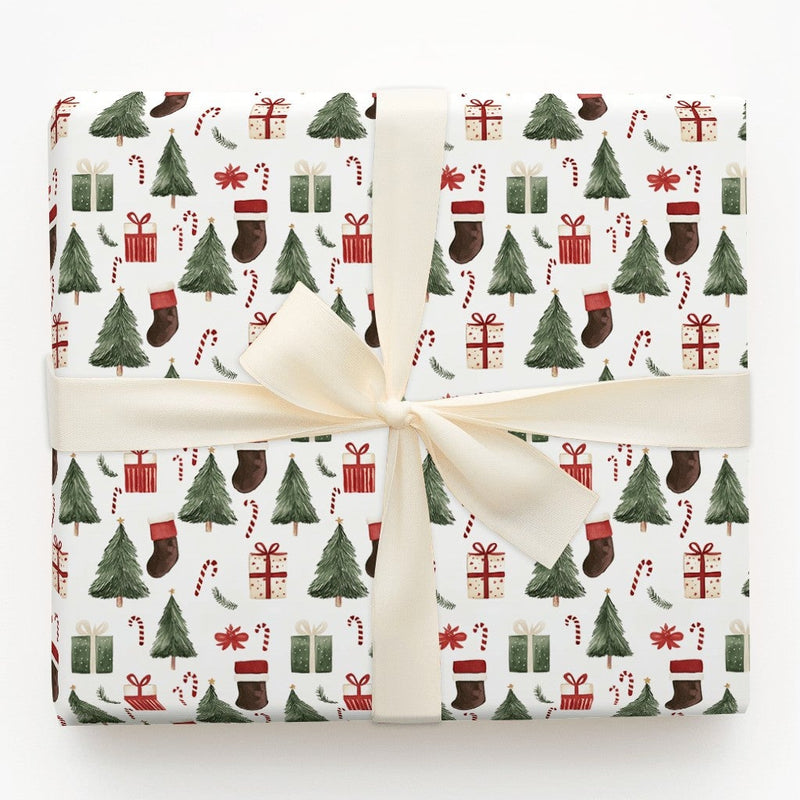 Stocking Candy Cane Gift Wrap, Watercolor Christmas Tree Wrapping Paper, Traditional Holiday Wrapping Paper, Festive Gift Wrap Paper Roll