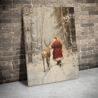 Snowy Forest Reindeer Canvas Print, Vintage Santa Claus Canvas Wall Art, Christmas Holiday Wall Decor, Vintage Santa Canvas Art, Xmas Present