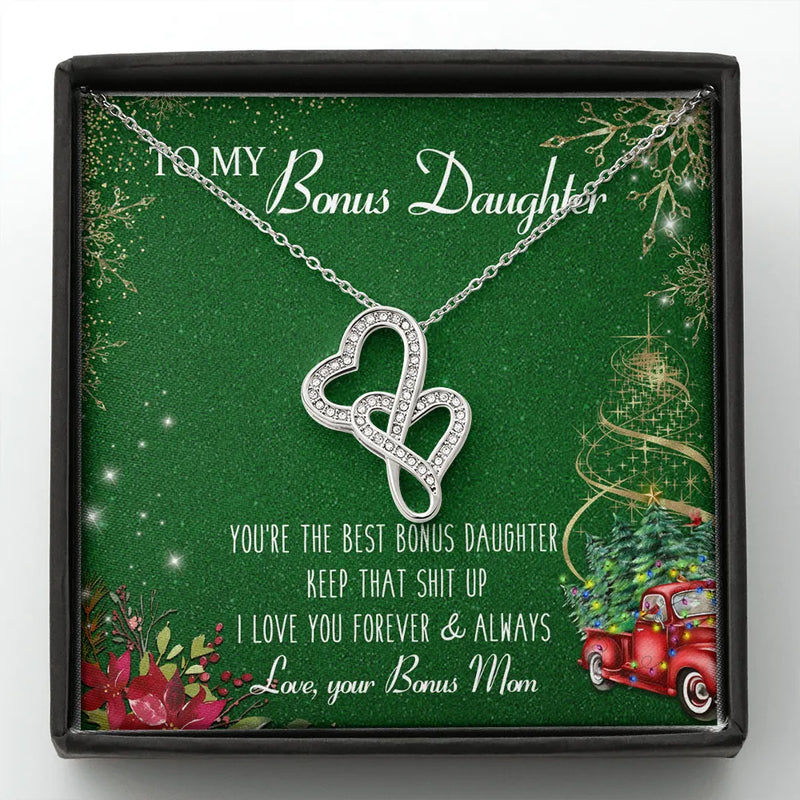 14K White Gold Finish Heart Jewelry, Bonus Daughter Double Heart Necklace, Stepdaughter Christmas Necklace, Meaningful Present from Bonus Mom