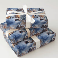 Comfy Winter Town Holiday Gift Wrap, Snowy Christmas Village Wrapping Paper, Carolers Xmas Night Wrapping Paper, Festive Holiday Present Wrap
