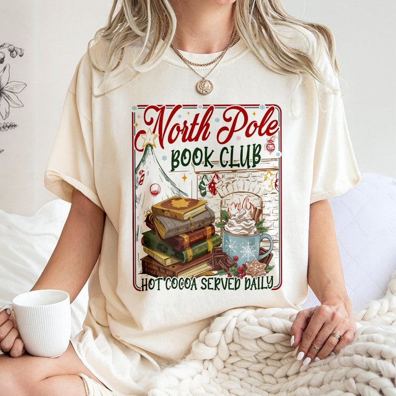Festive Christmas Reading Graphic Tee, North Pole Book Club Shirt, Comfy Holiday Bookish T-Shirt, Adorable Xmas Reader Shirt, Present for Book Lover