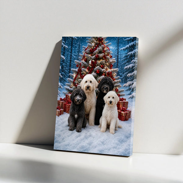 Doodle Dogs Christmas Tree Print, Goldendoodle Christmas Canvas Wall Art, Snowy Winter Holiday Dog Canvas, Festive Pet Lover 